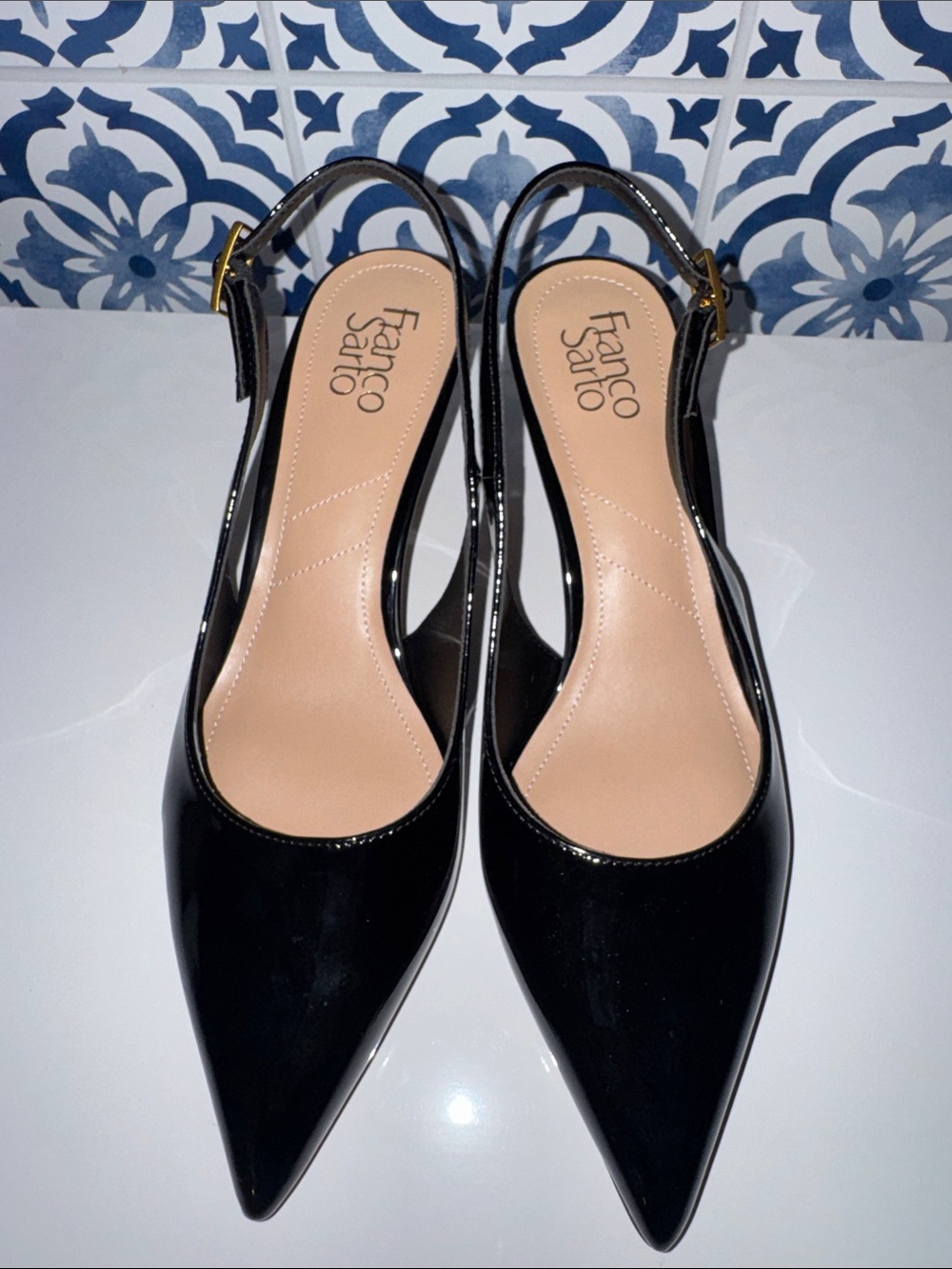 Franco Sarto Black Patent Pointed Slingback Mules